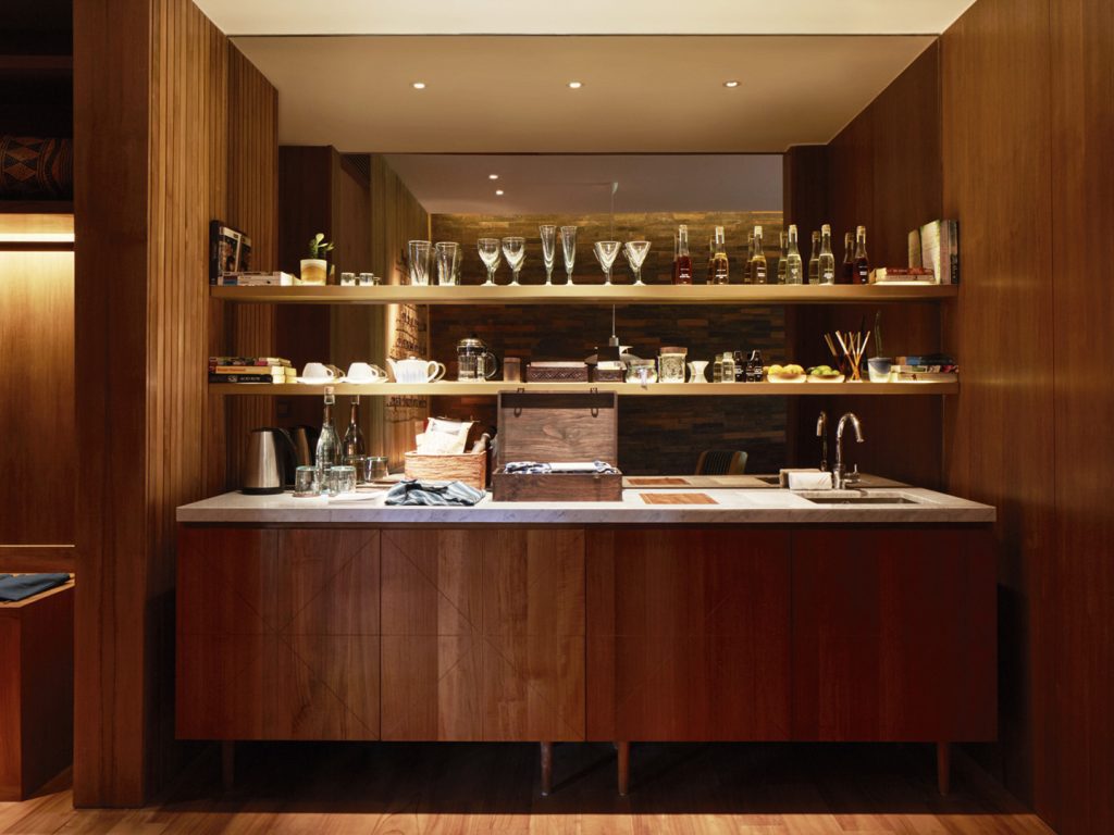 The in-room bar available in all the room types at Potato Head Suites located at Desa Potato Head in Seminyak, Bali.
