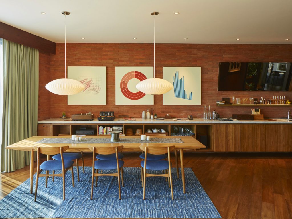 A full view of the dining area in the Potato Head Suites at Katamama Hotel located at Desa Potato Head in Seminyak, Bali.