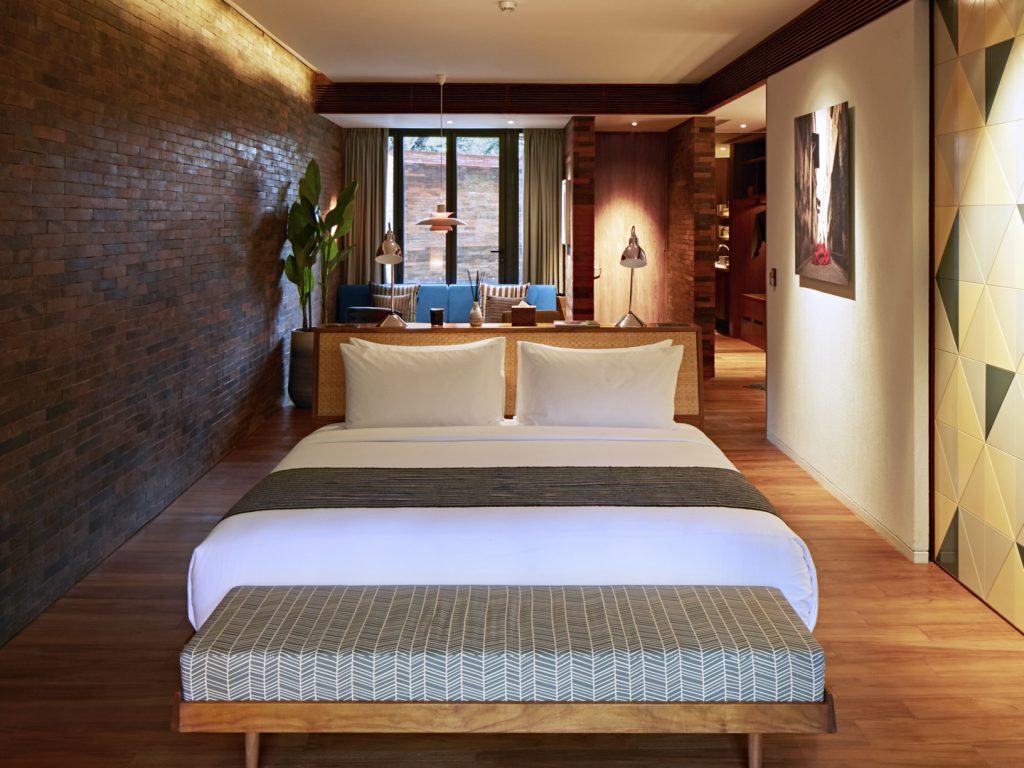 The comfortable sleeping area of the Pool Suite at Potato Head Suites located at Desa Potato Head in Seminyak, Bali.